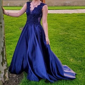 Dark Blue Sweep Train Prom Dress